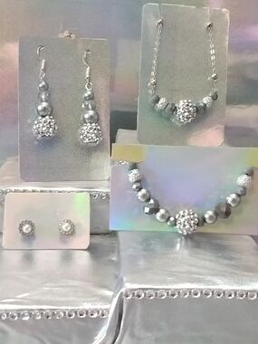 Silver Crystal Bead Necklace and Earring Set - Women Jewelry